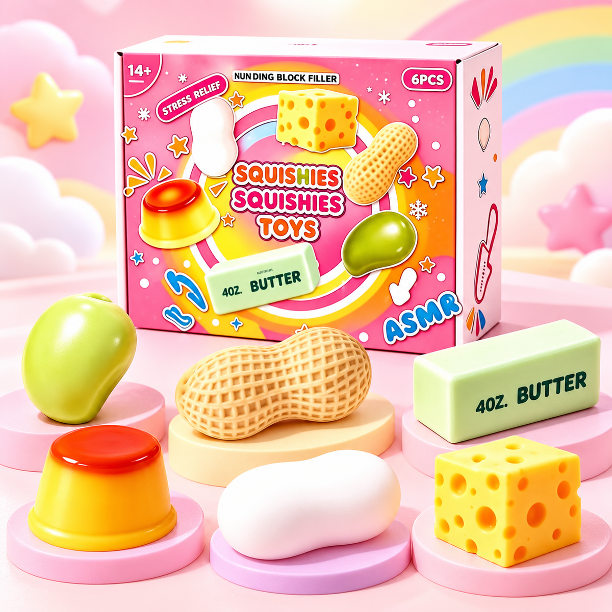 6-Piece Squishy Fidget Toy Box – Cute Stress Relief Sensory Gift Set