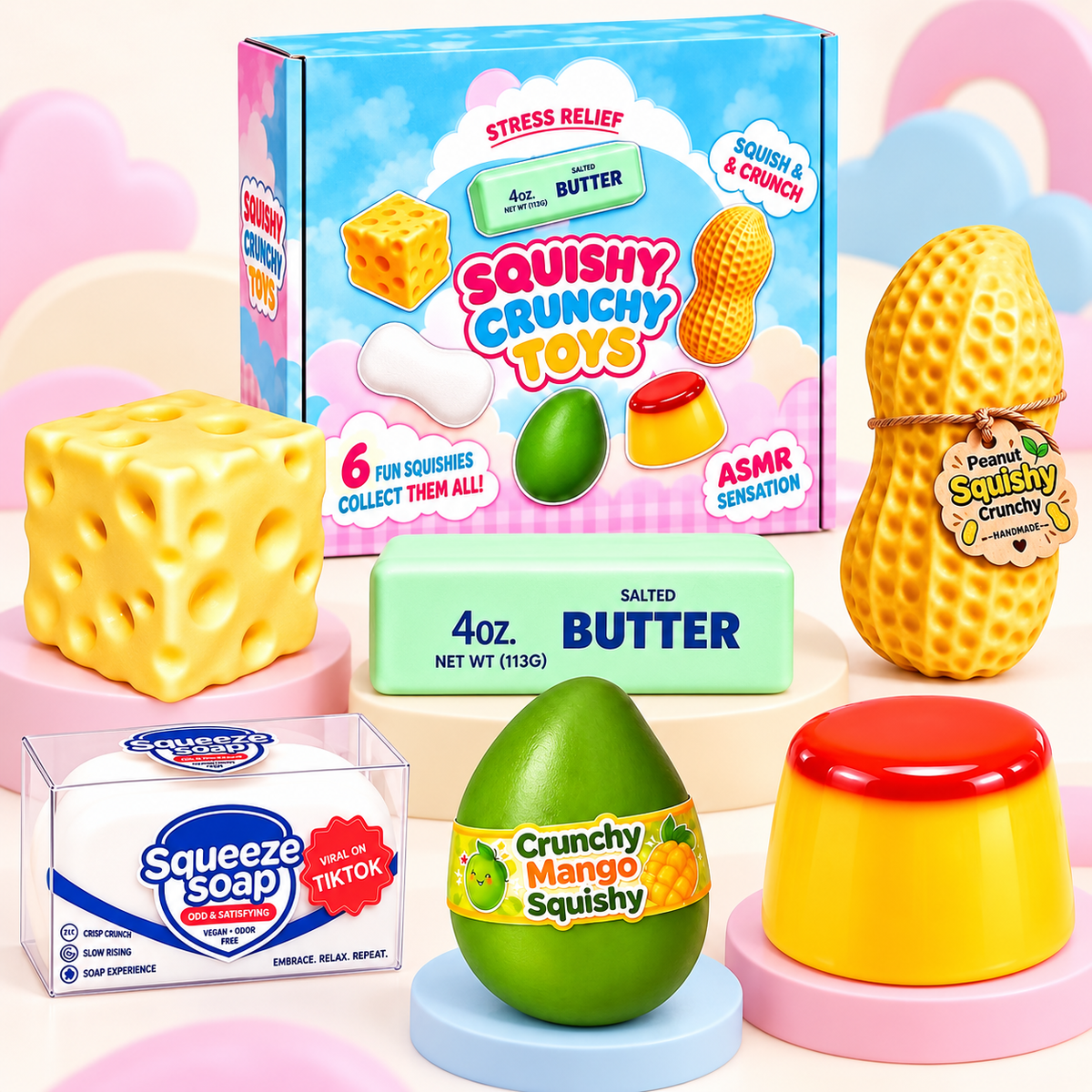 6-Piece Squishy Fidget Toy Box – Cute Stress Relief Sensory Gift Set