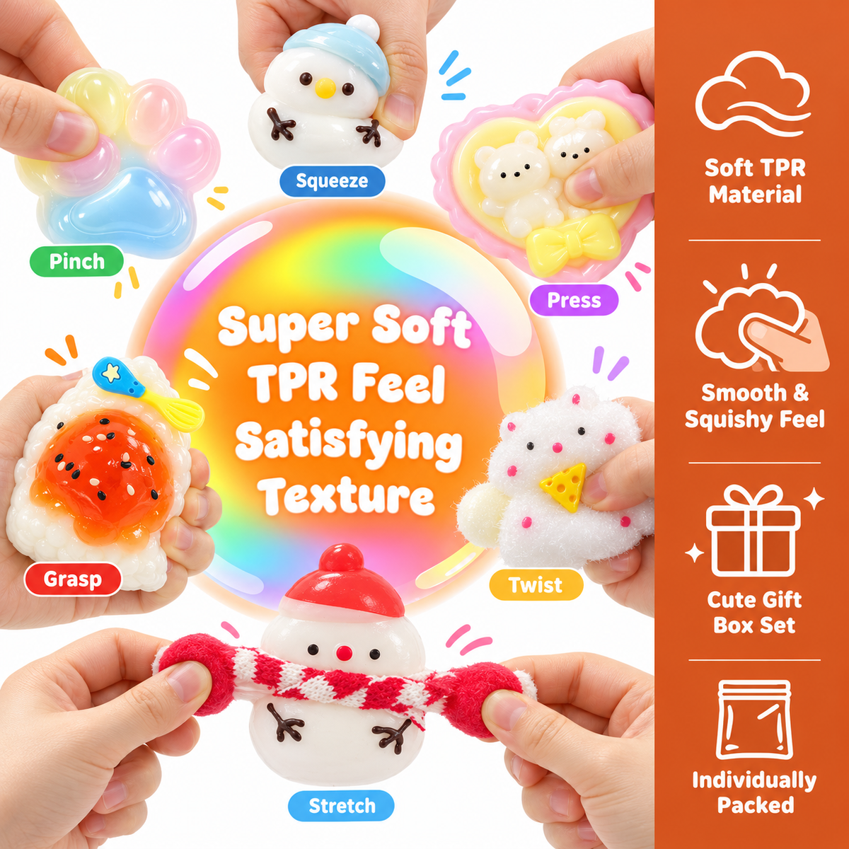7 Pack Cute TPR Squishy Toys Gift Set with Storage Box & Stickers – Soft Sensory Fidget Toys for Kids