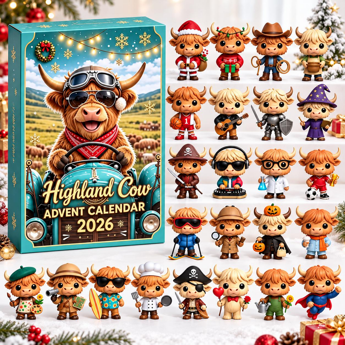 2026 Highland Cow Advent Calendar – 24 Cute 3D Cow Figures Christmas Countdown Mystery Box