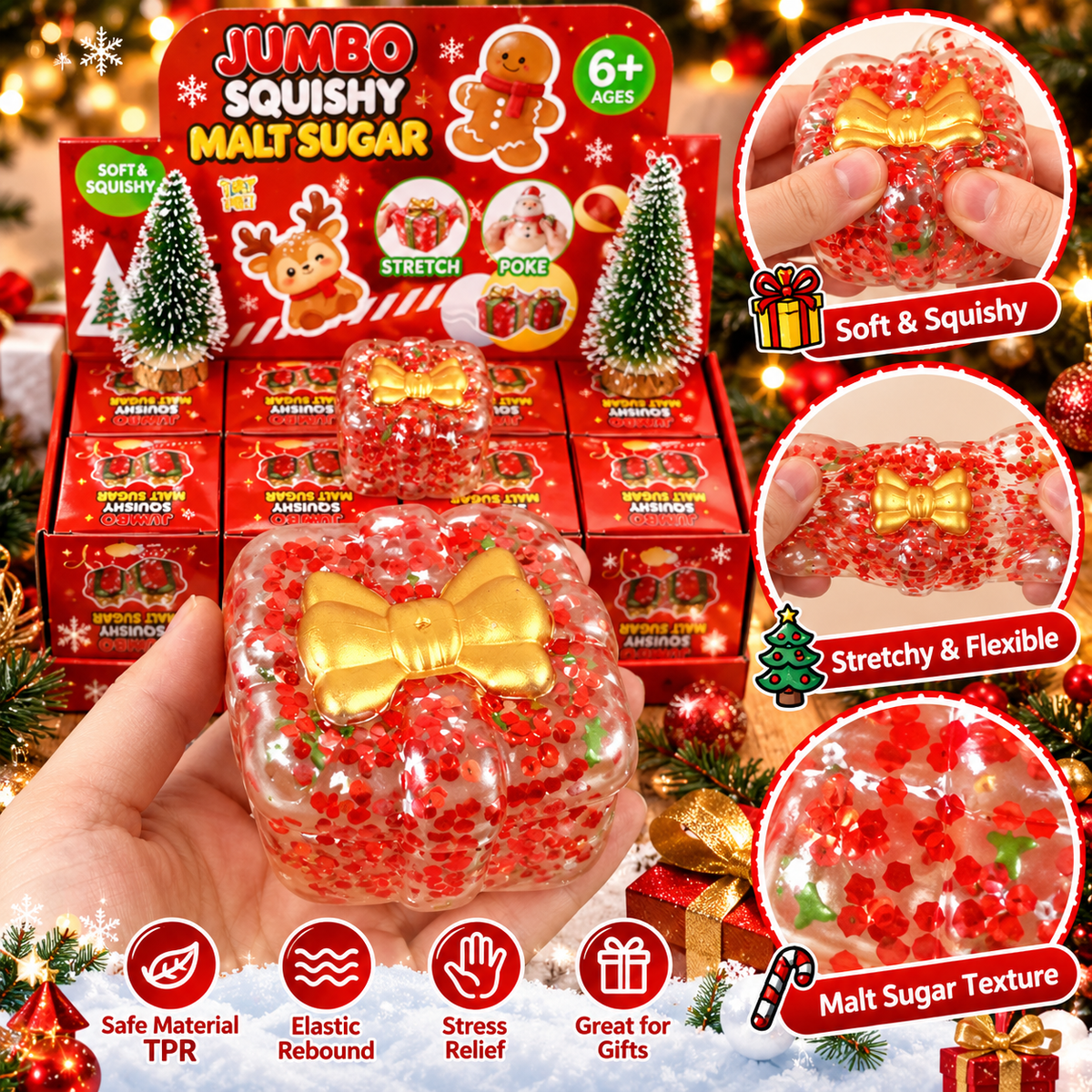 Christmas Squishy Toys – Cute Reindeer Snowman Gingerbread & Gift Box TPR Stress Relief Toys