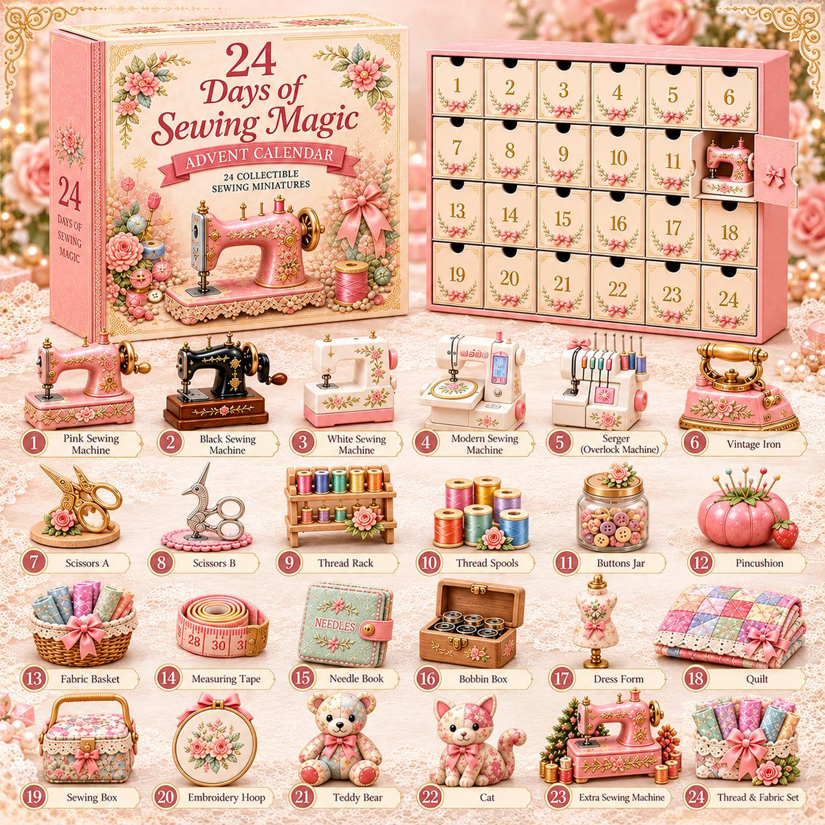24-Day Sewing Advent Calendar – Mini Sewing Collectibles Christmas Countdown Mystery Gift Box
