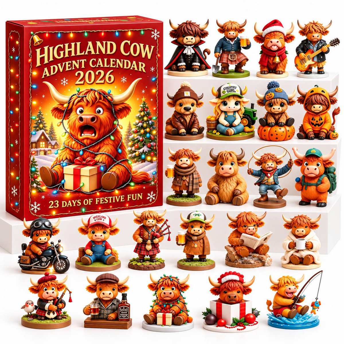 2026 Highland Cow Advent Calendar – 3D Cute Cow Figures Christmas Countdown Mystery Gift Box