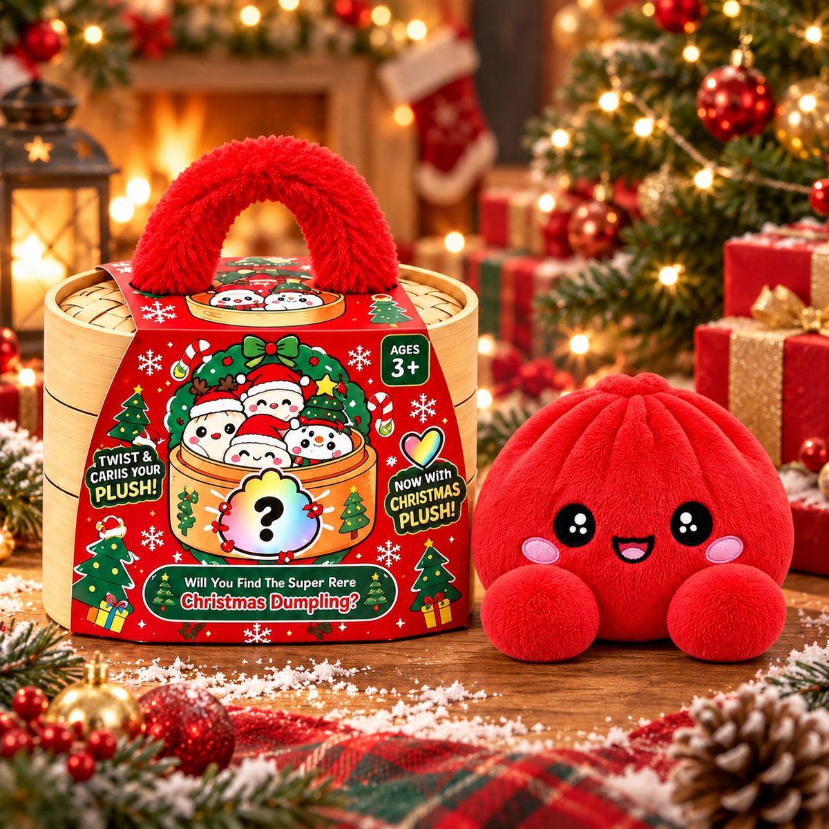 Christmas Dumpling Plush Mystery Box – Cute Cotton Stuffed Dumpling Toys with Steamer Basket Gift Set