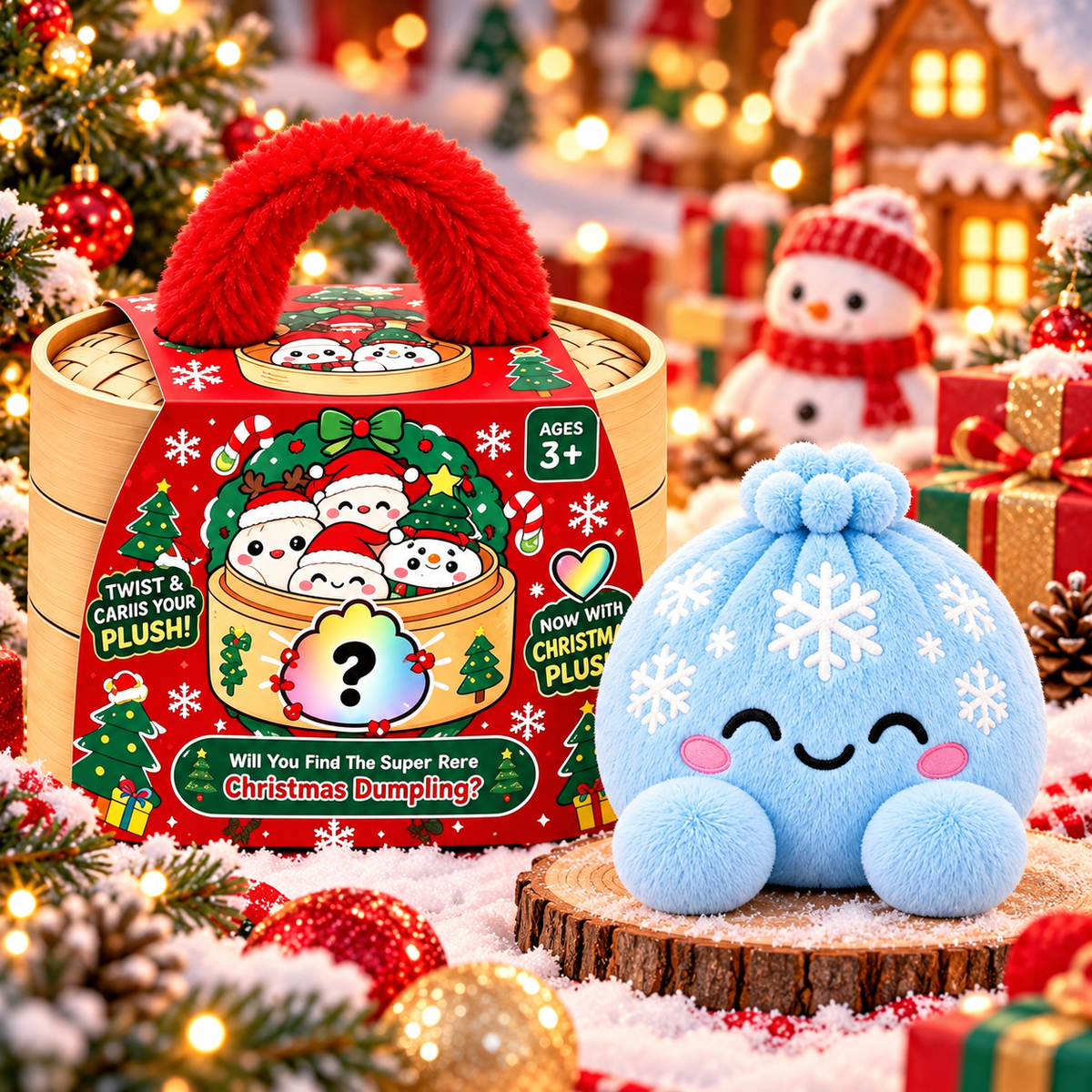Christmas Dumpling Plush Mystery Box – Cute Cotton Stuffed Dumpling Toys with Steamer Basket Gift Set
