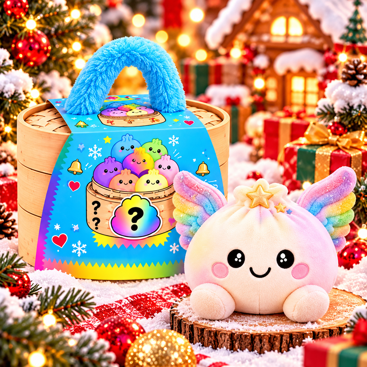Christmas Dumpling Plush Mystery Box – Cute Cotton Stuffed Dumpling Toys with Steamer Basket Gift Set