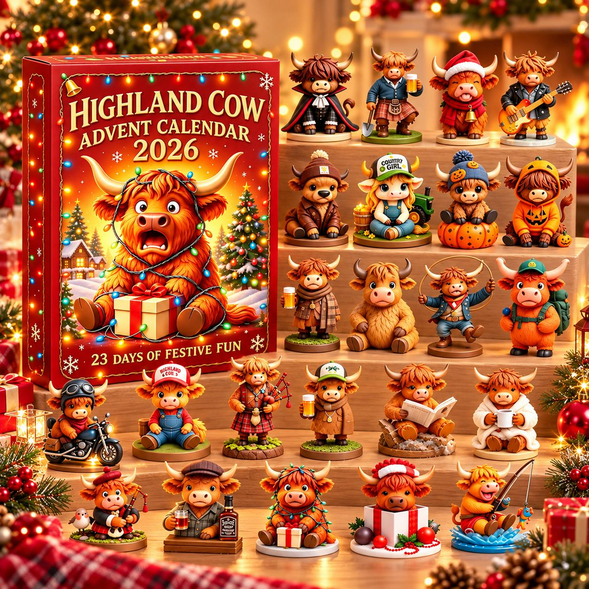 2026 Highland Cow Advent Calendar – 3D Cute Cow Figures Christmas Countdown Mystery Gift Box