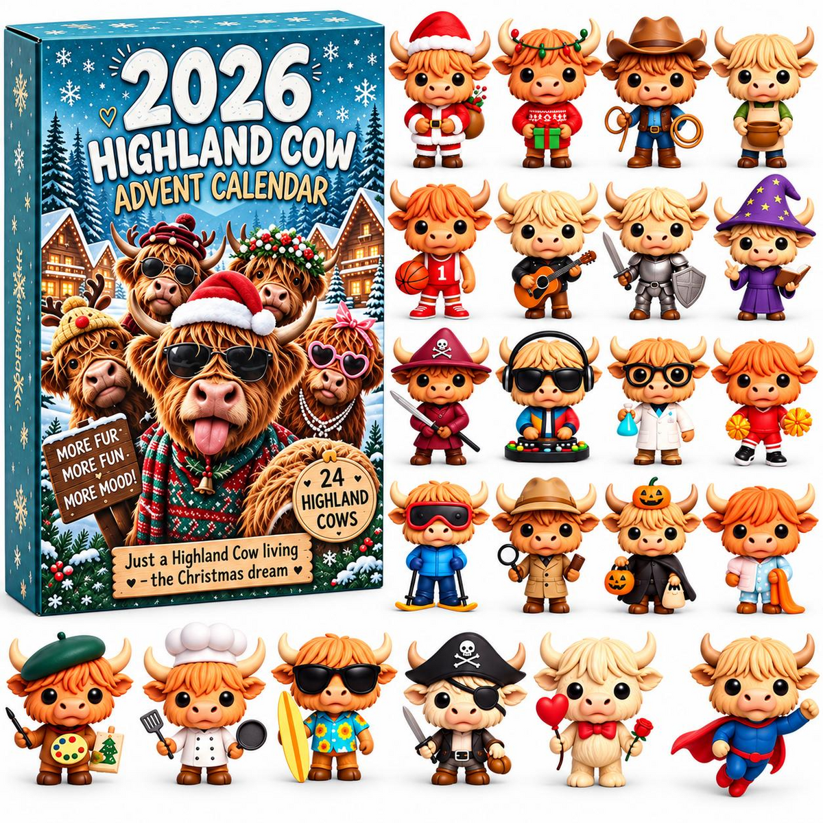 2026 Highland Cow Advent Calendar – 3D Christmas Countdown Mystery Box with Cute Cow Figures