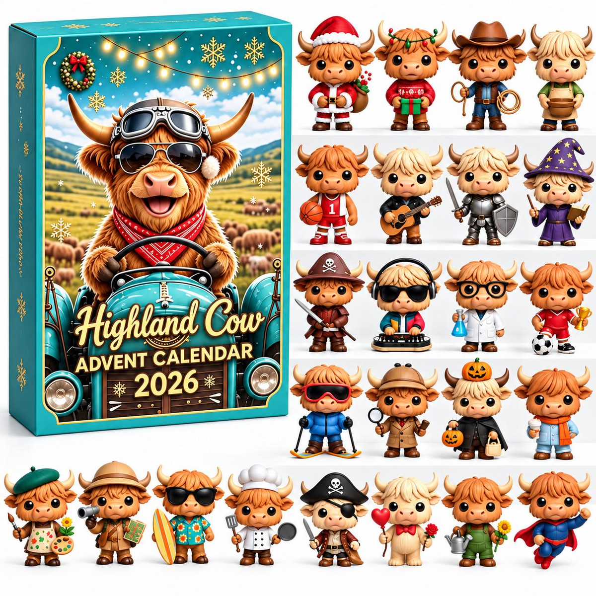 2026 Highland Cow Advent Calendar – 24 Cute 3D Cow Figures Christmas Countdown Mystery Box