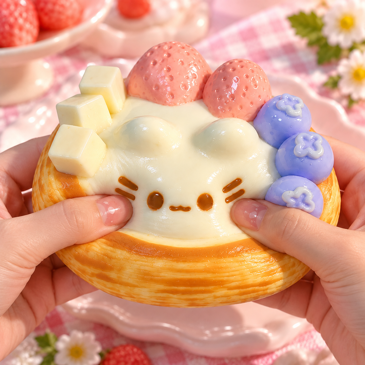 Cute Kitten Egg Tart Squishy – Slow-Rising Dessert Sensory Toy with Soft Dough-Like Texture