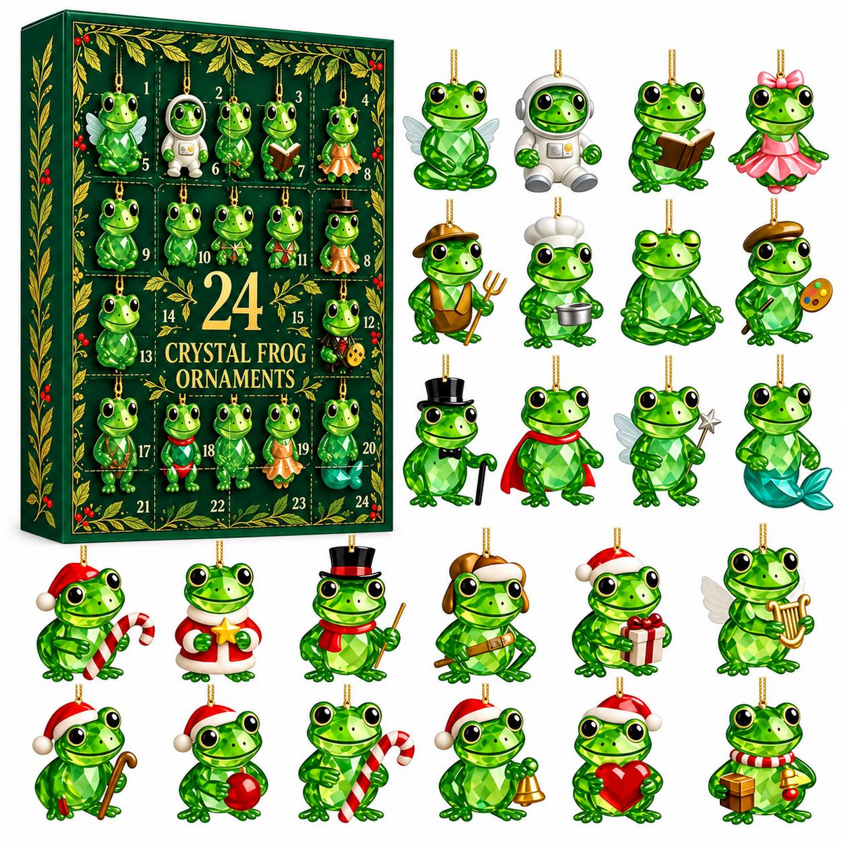 24-Day Frog Advent Calendar – Crystal-Style Frog Ornaments Christmas Countdown Mystery Box