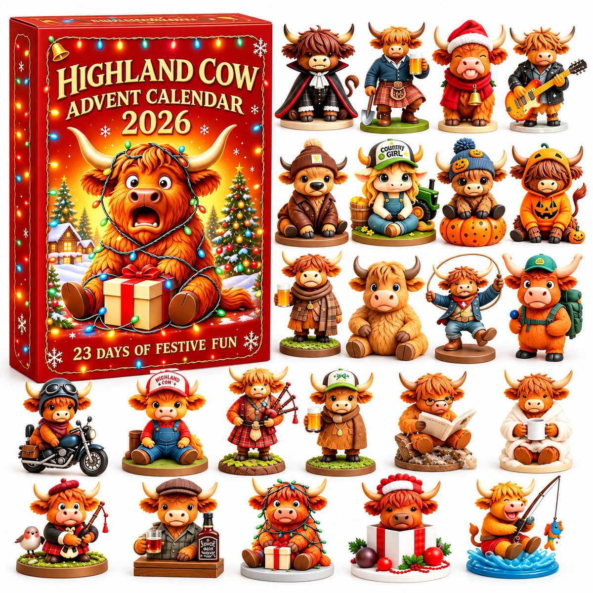 2026 Highland Cow Advent Calendar – 3D Cute Cow Figures Christmas Countdown Mystery Gift Box