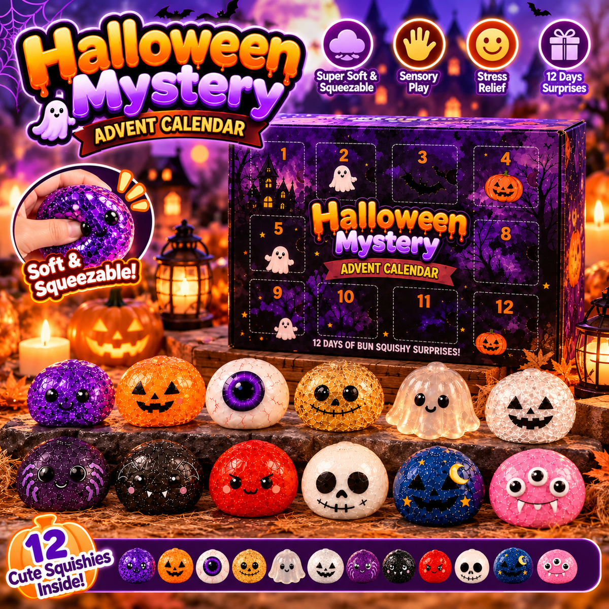 12-Piece Halloween Squishy Advent Calendar – Cute Ghost & Pumpkin Slow Rising Stress Relief Mystery Box