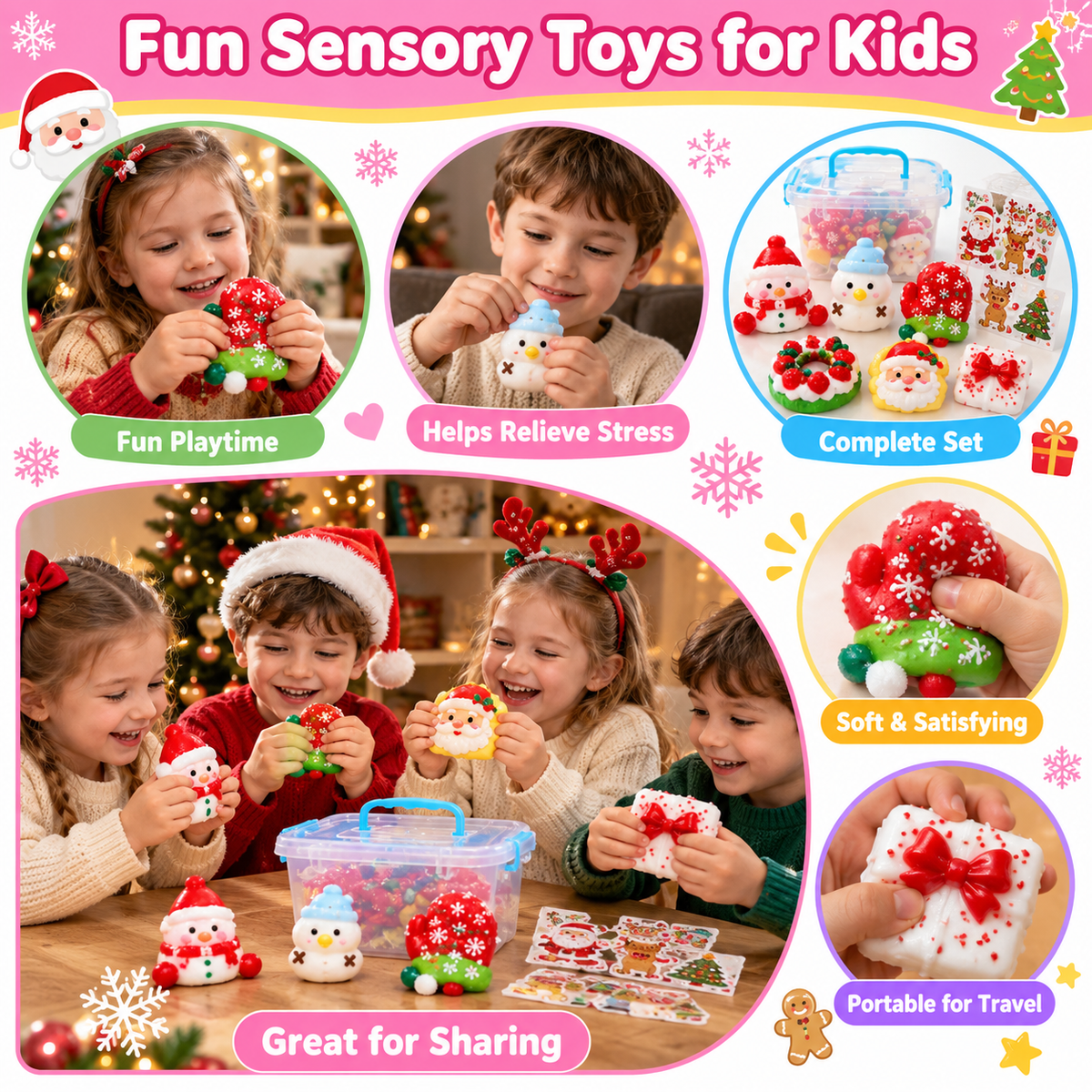 Christmas TPR Squishy Toys Gift Set with Storage Box & Stickers – Cute Soft Sensory Toys for Kids