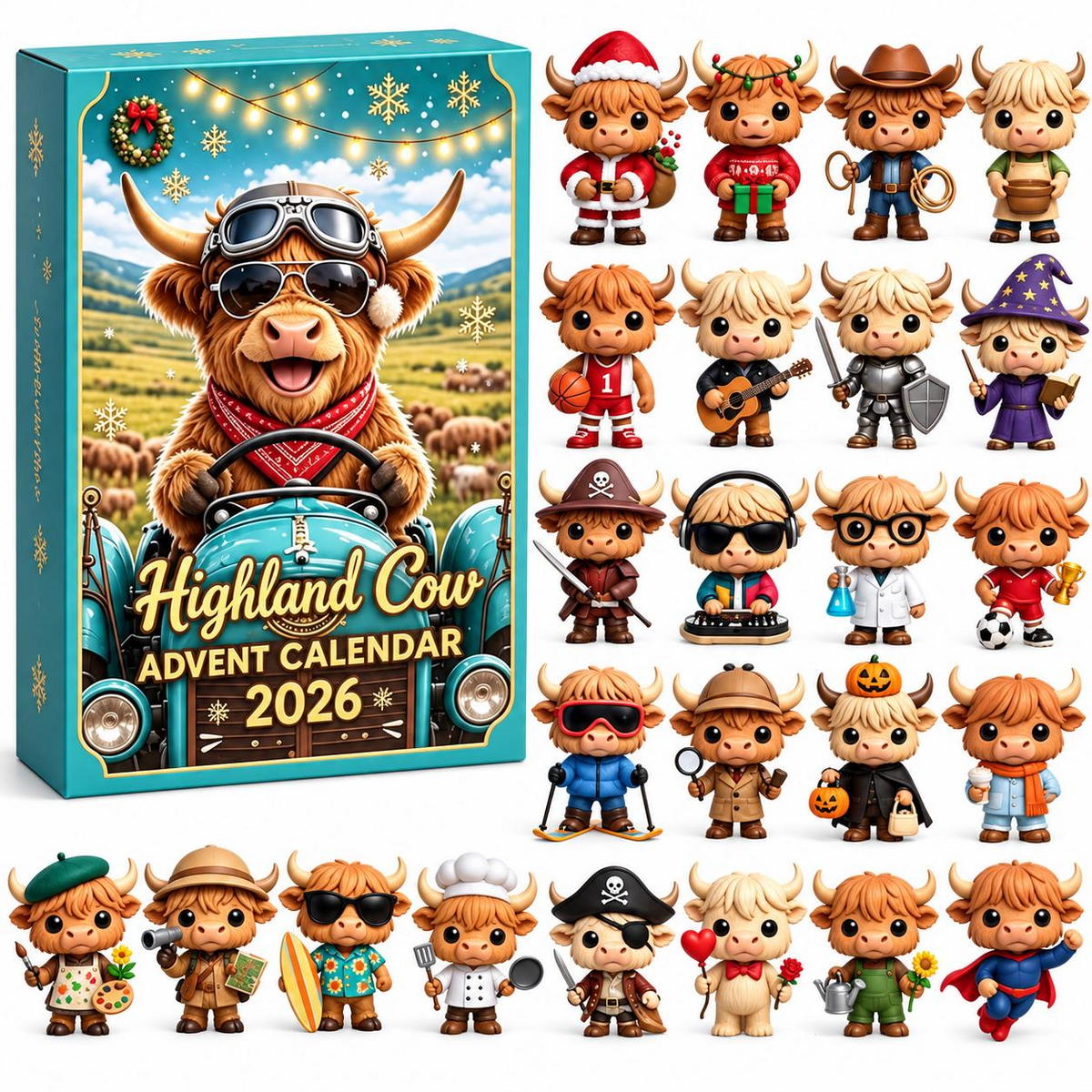 2026 Highland Cow Advent Calendar – 24 Cute 3D Cow Figures Christmas Countdown Mystery Box