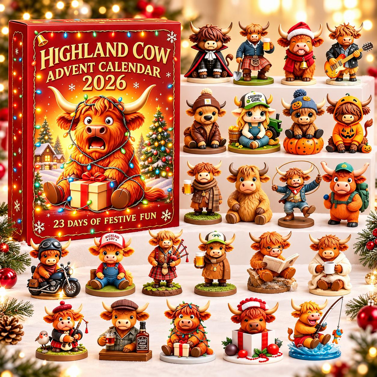 2026 Highland Cow Advent Calendar – 3D Cute Cow Figures Christmas Countdown Mystery Gift Box