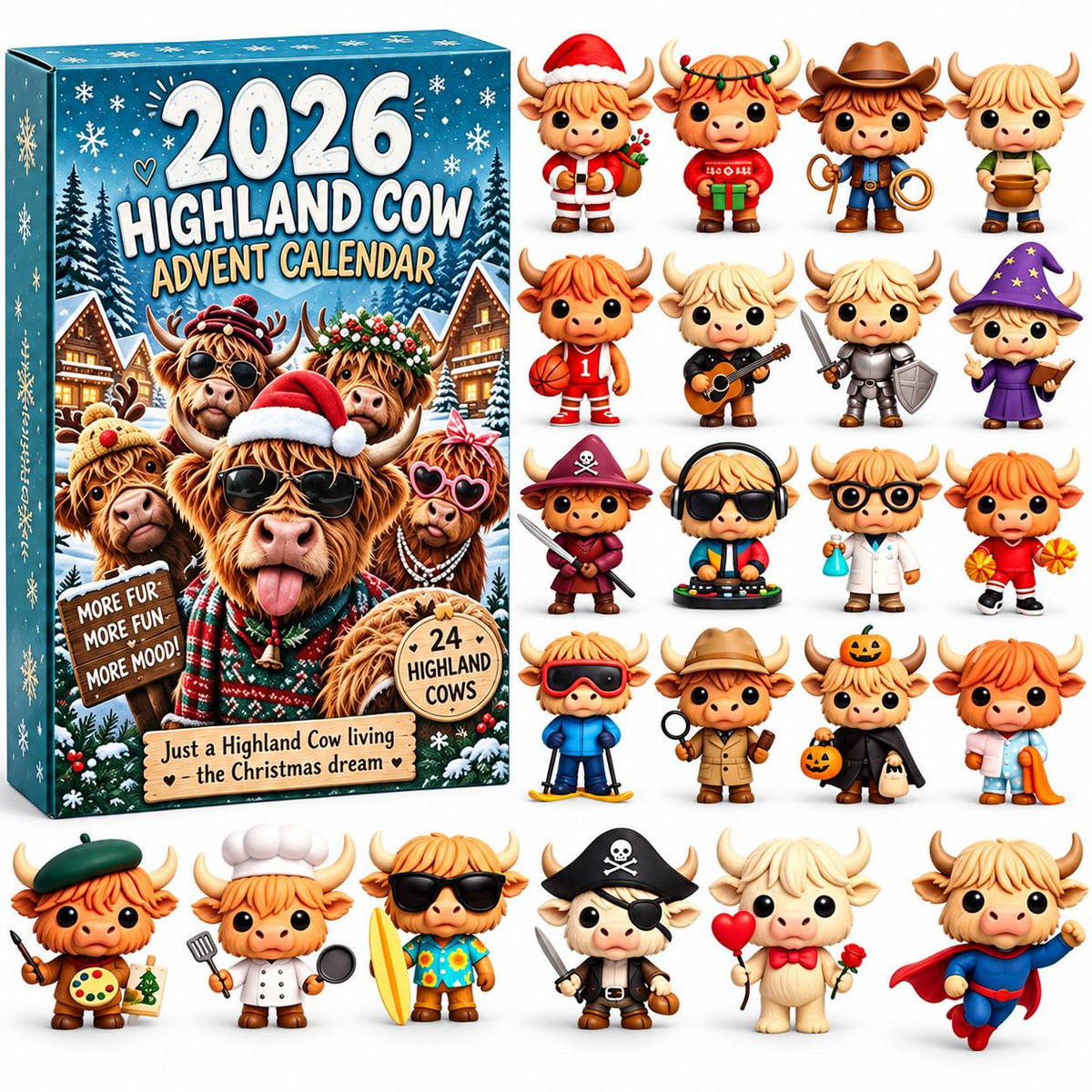 2026 Highland Cow Advent Calendar – 3D Christmas Countdown Mystery Box with Cute Cow Figures