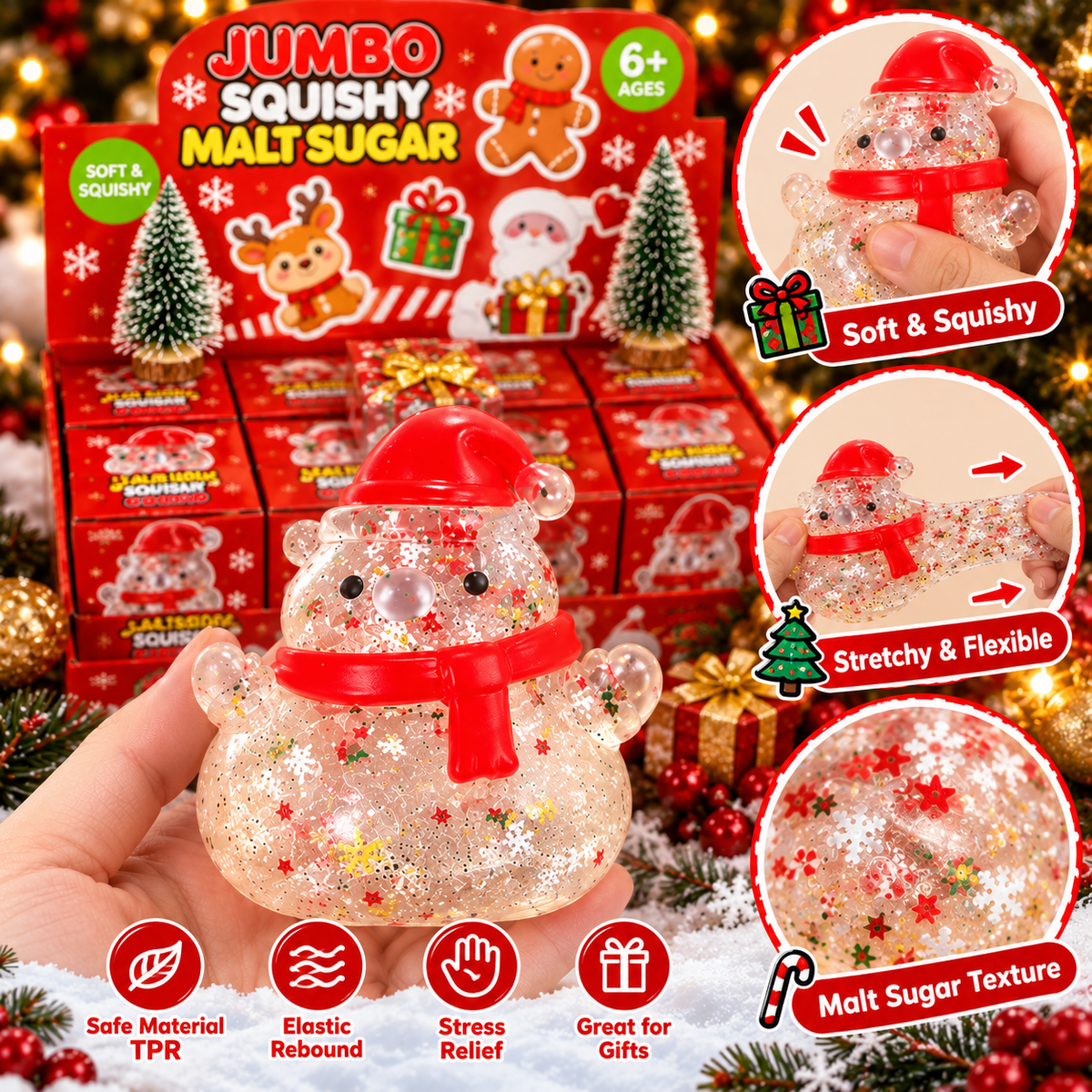 Christmas Squishy Toys – Cute Reindeer Snowman Gingerbread & Gift Box TPR Stress Relief Toys