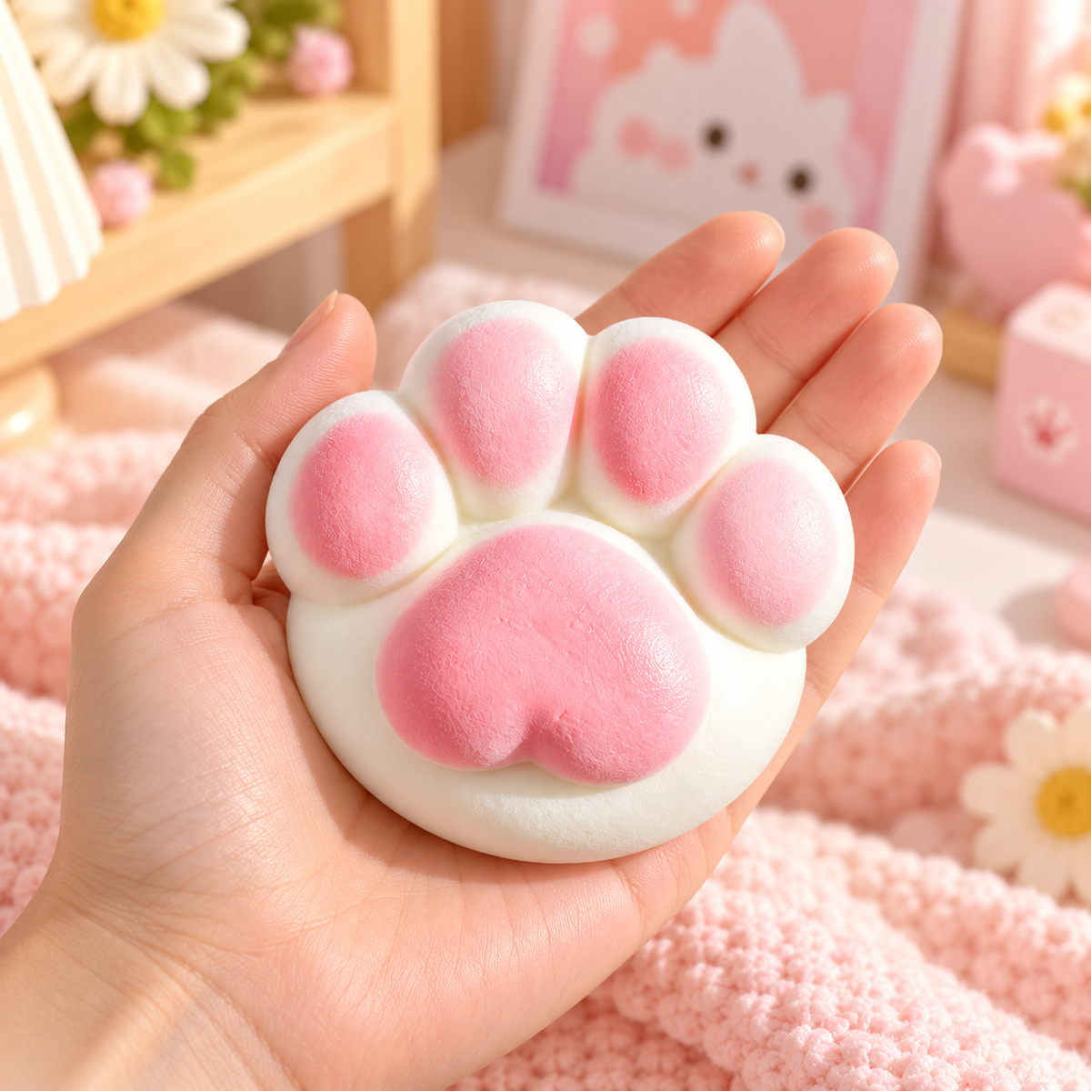 Large White Cat Paw Squishy with Heart – Food-Grade Silicone