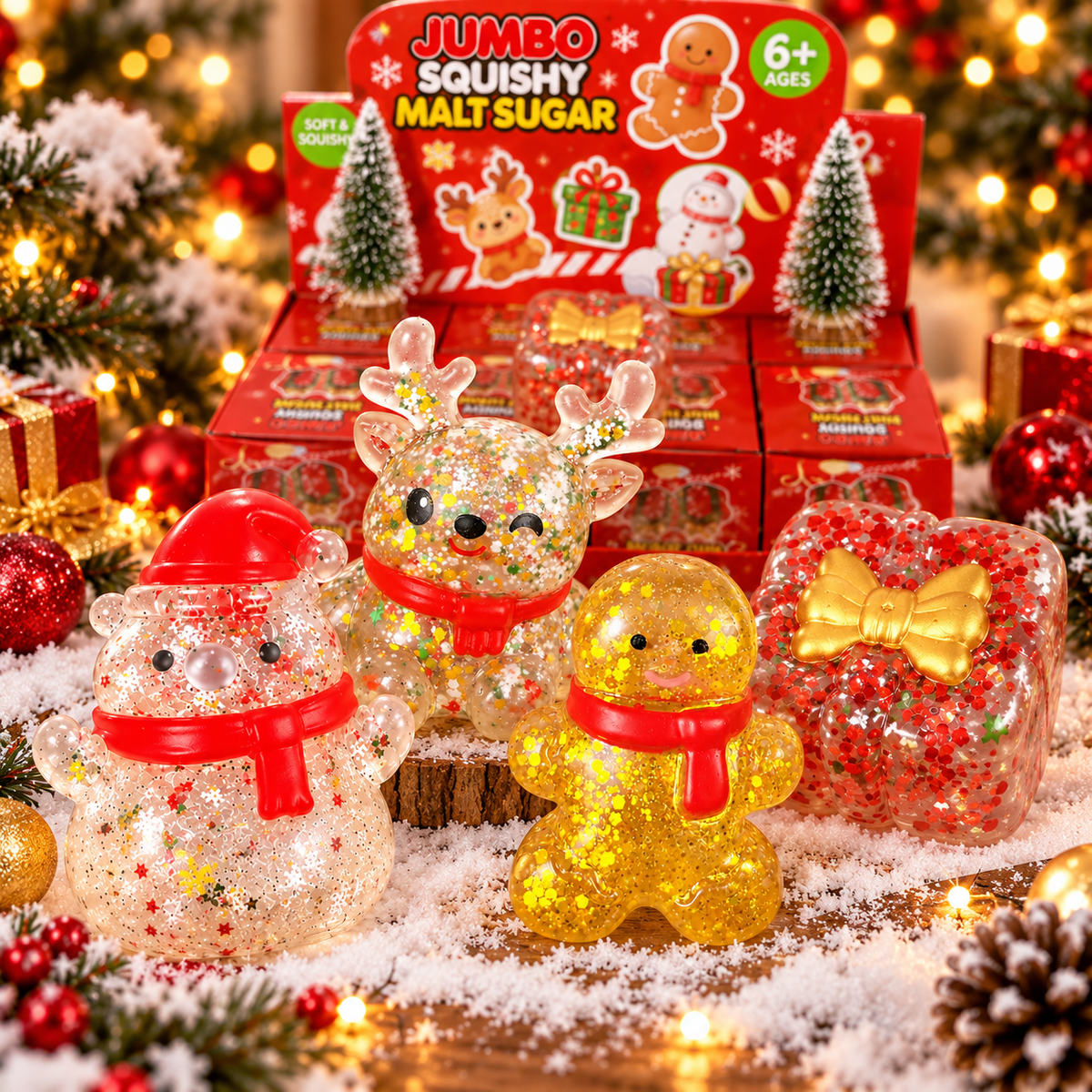 Christmas Squishy Toys – Cute Reindeer Snowman Gingerbread & Gift Box TPR Stress Relief Toys
