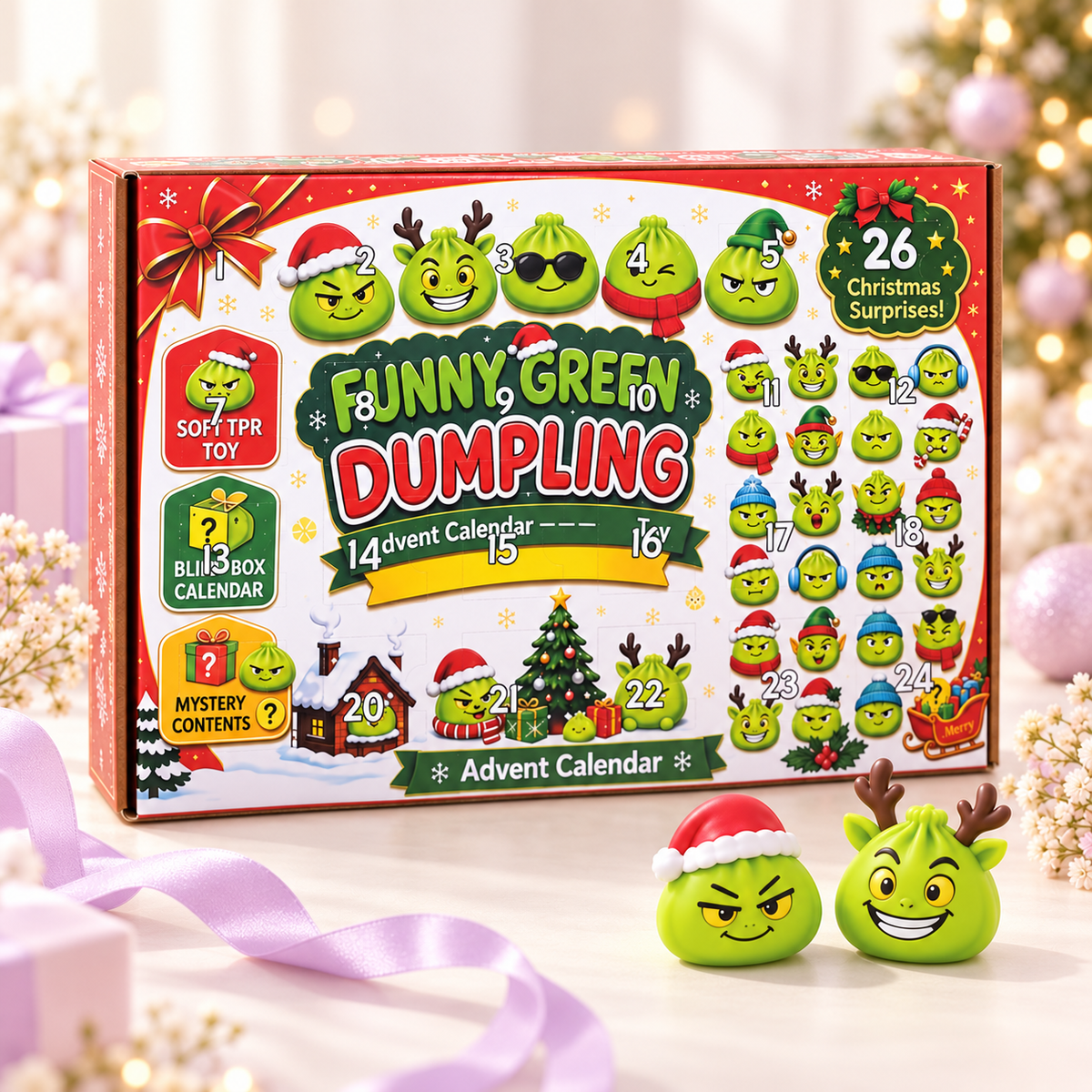 24-Day Christmas Advent Calendar – Funny Green Dumpling Squishy Surprise Box