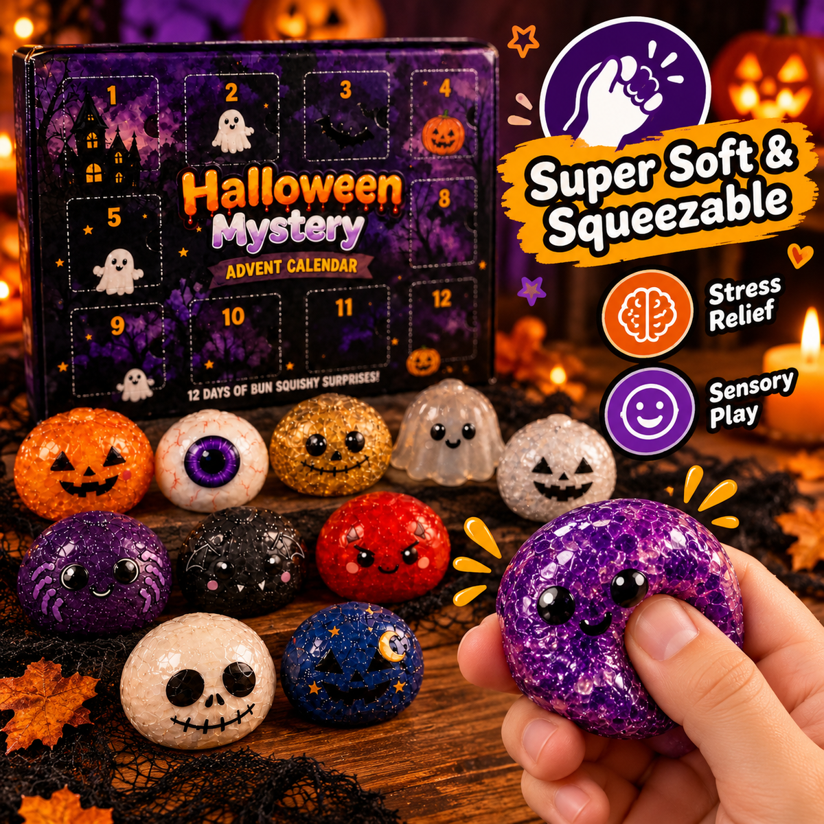 12-Piece Halloween Squishy Advent Calendar – Cute Ghost & Pumpkin Slow Rising Stress Relief Mystery Box