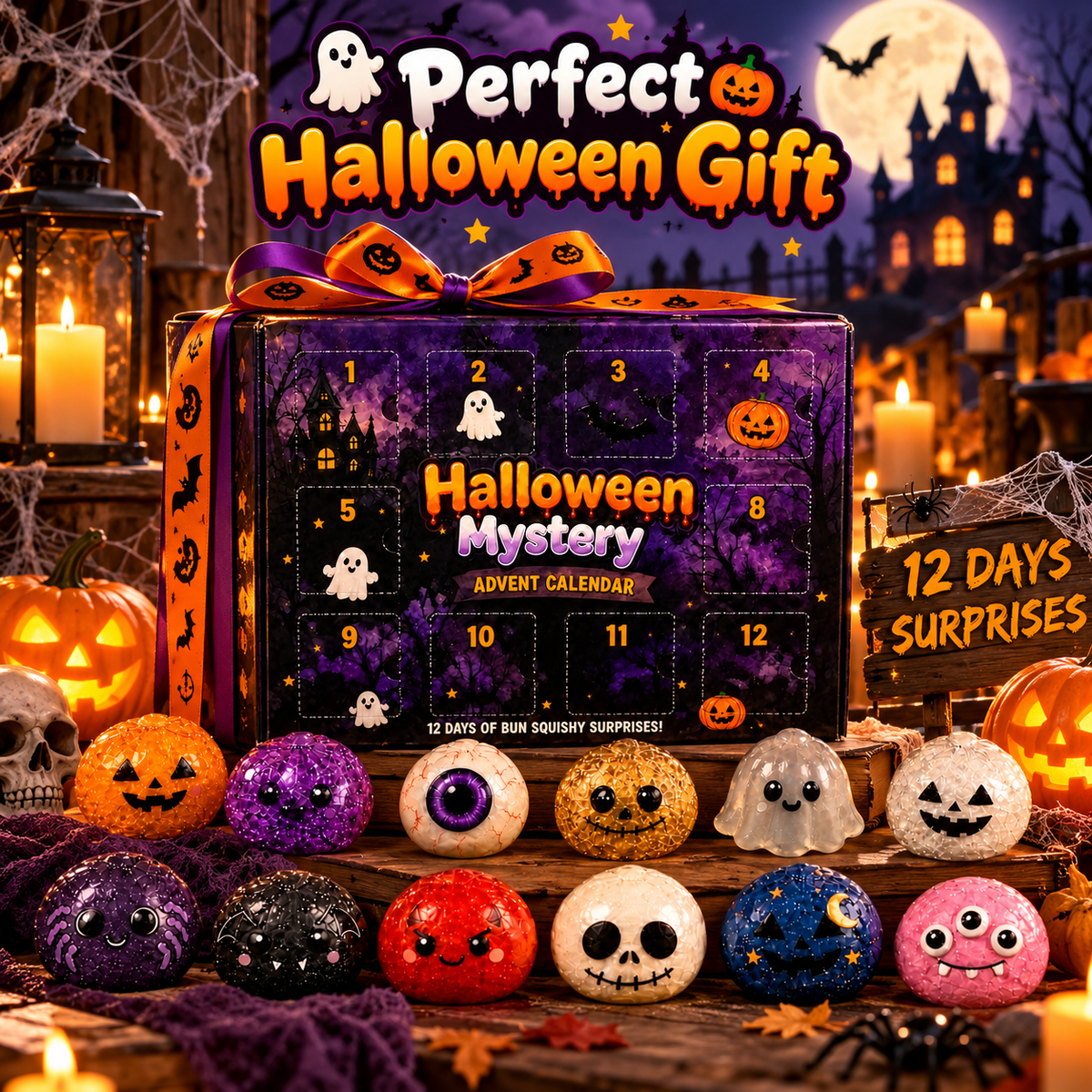 12-Piece Halloween Squishy Advent Calendar – Cute Ghost & Pumpkin Slow Rising Stress Relief Mystery Box