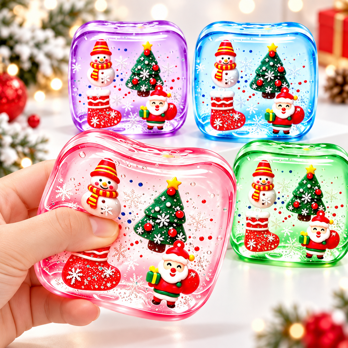 Christmas Ice Cube Squishy – Slow-Rising Sensory Toy with Snowflake Scene and Soft Gel-Like Feel