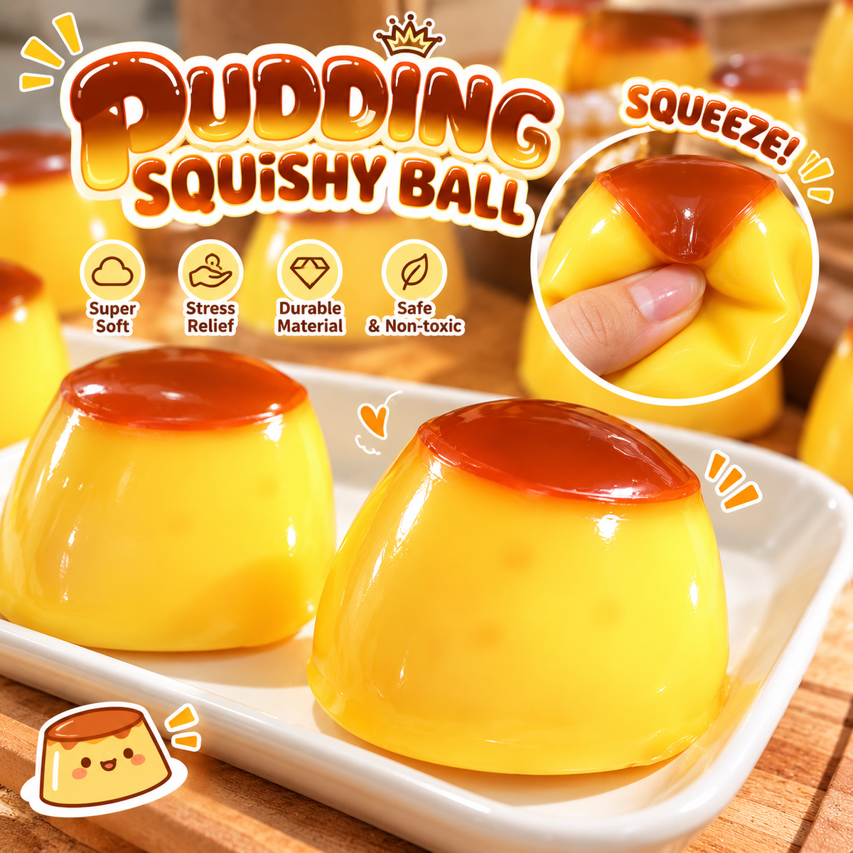 Caramel Pudding Squishy – Realistic TPR Dessert Sensory Squeeze Toy with Soft Texture
