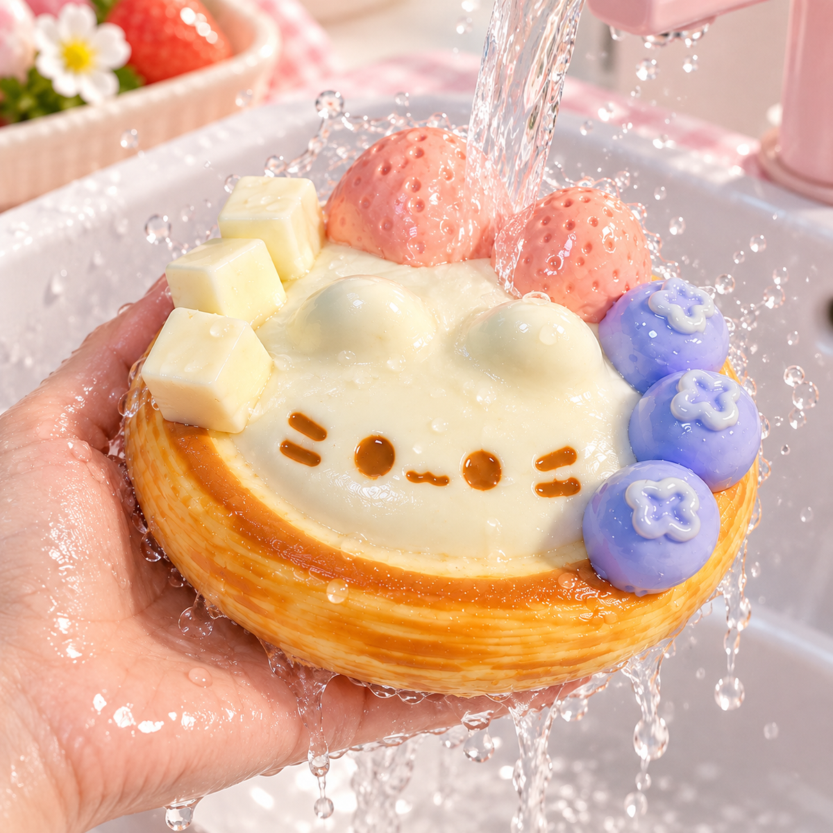 Cute Kitten Egg Tart Squishy – Slow-Rising Dessert Sensory Toy with Soft Dough-Like Texture