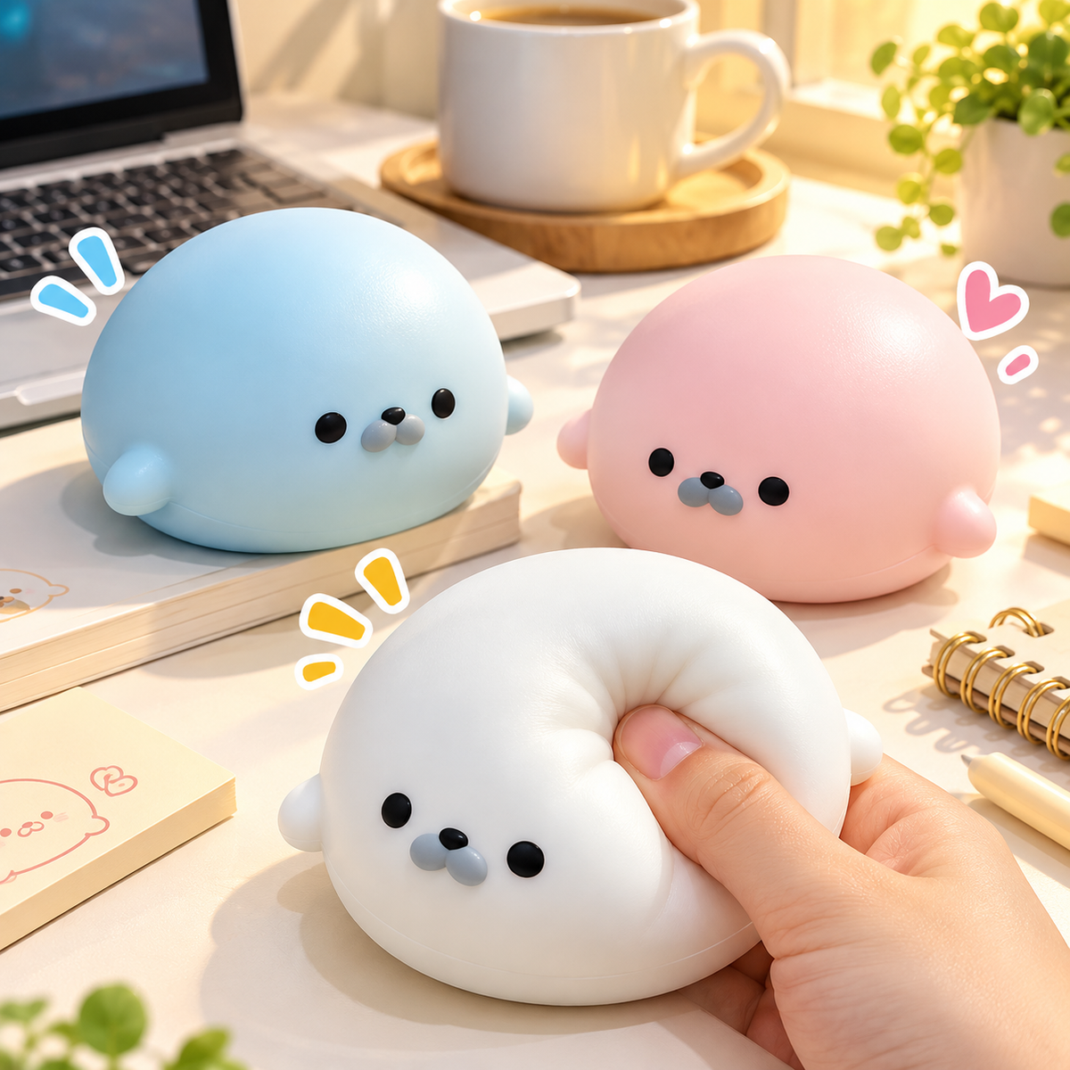 Cute Seal Mochi Squishy – Slow-Rising Sensory Squeeze Toy with Soft Texture and Desk Companion Design