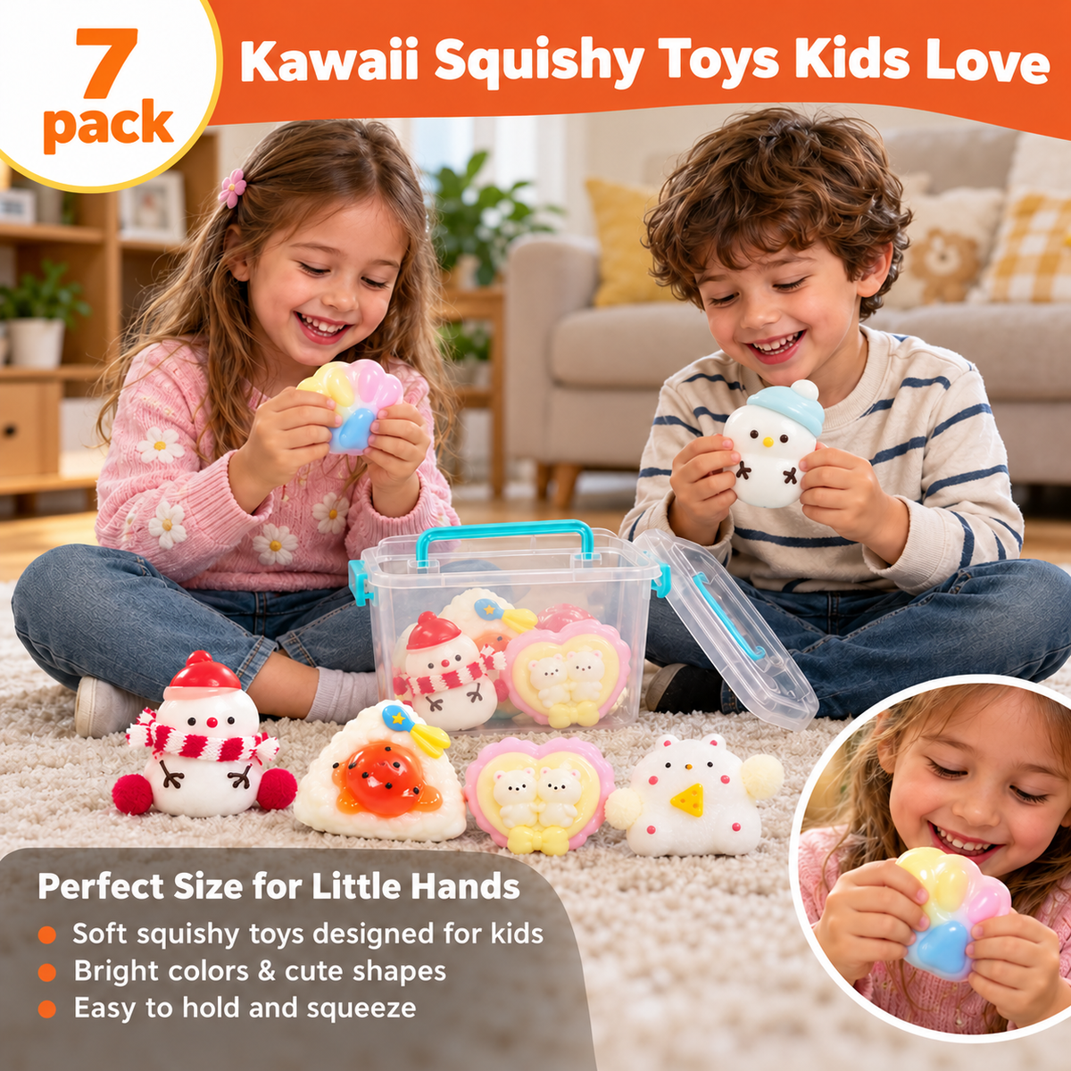 7 Pack Cute TPR Squishy Toys Gift Set with Storage Box & Stickers – Soft Sensory Fidget Toys for Kids