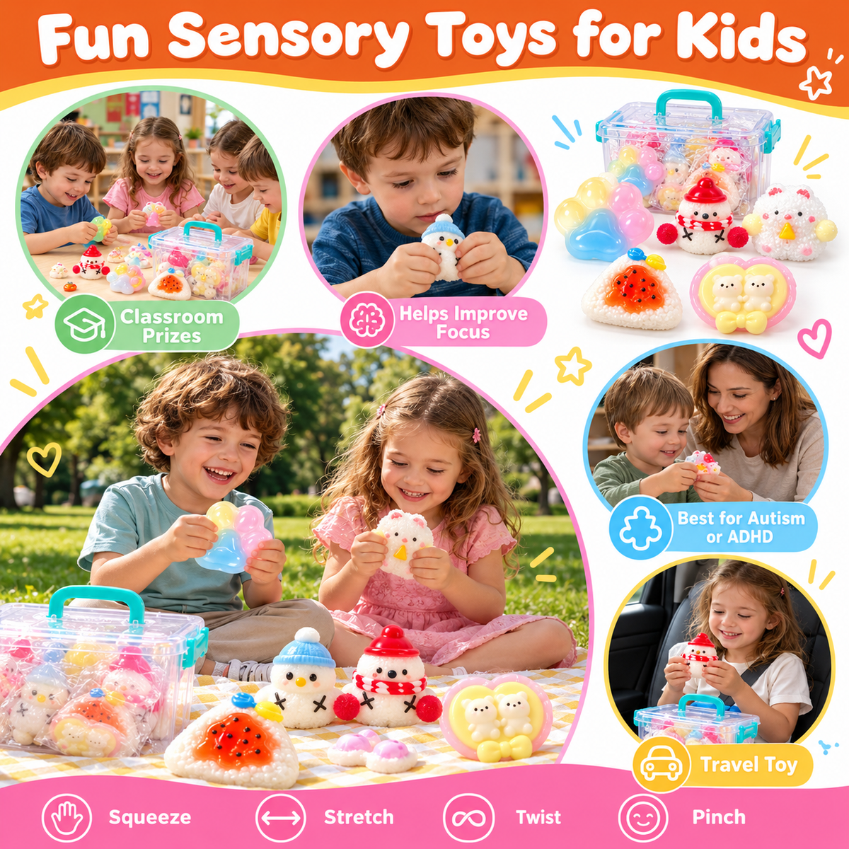 7 Pack Cute TPR Squishy Toys Gift Set with Storage Box & Stickers – Soft Sensory Fidget Toys for Kids