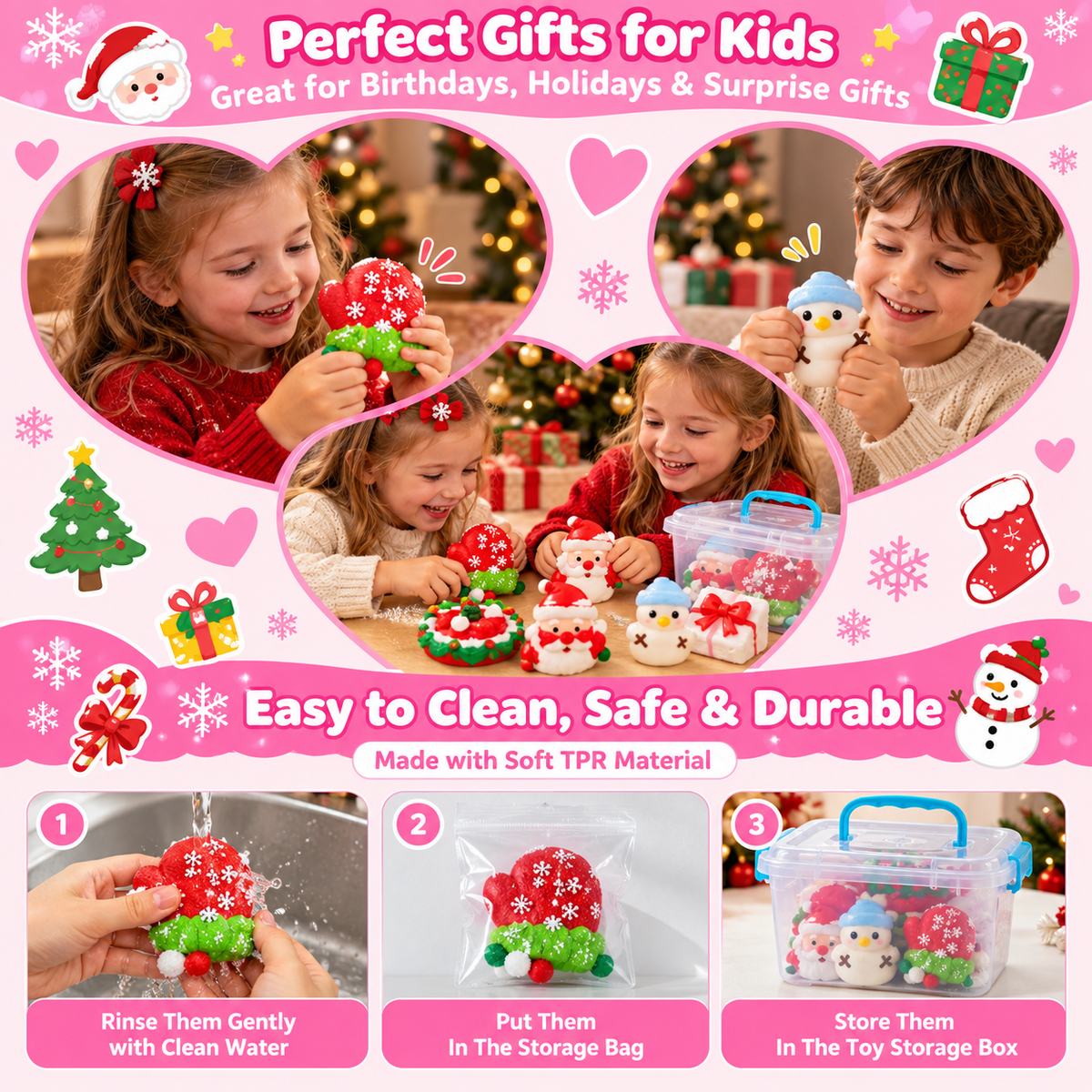 Christmas TPR Squishy Toys Gift Set with Storage Box & Stickers – Cute Soft Sensory Toys for Kids