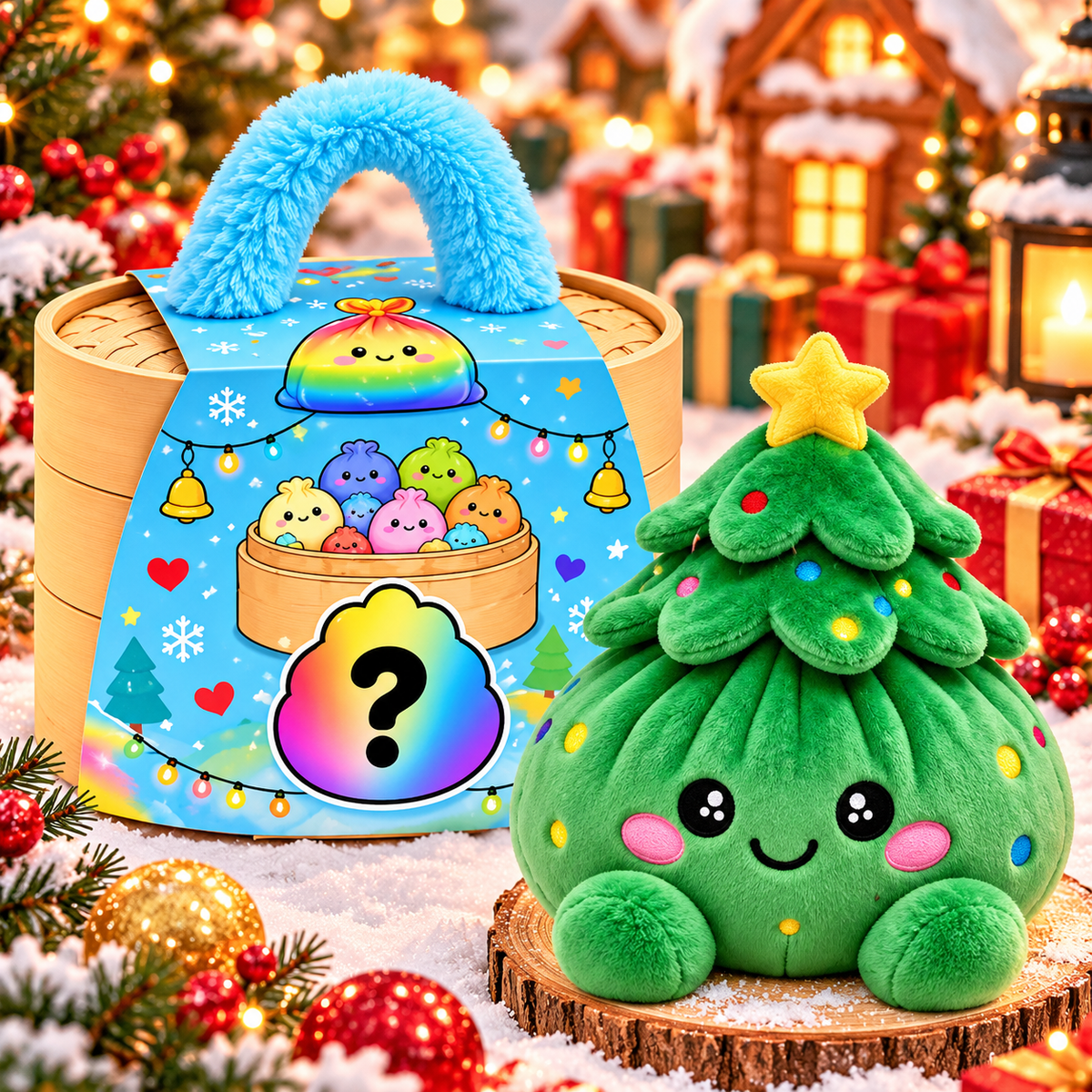 Christmas Dumpling Plush Mystery Box – Cute Cotton Stuffed Dumpling Toys with Steamer Basket Gift Set