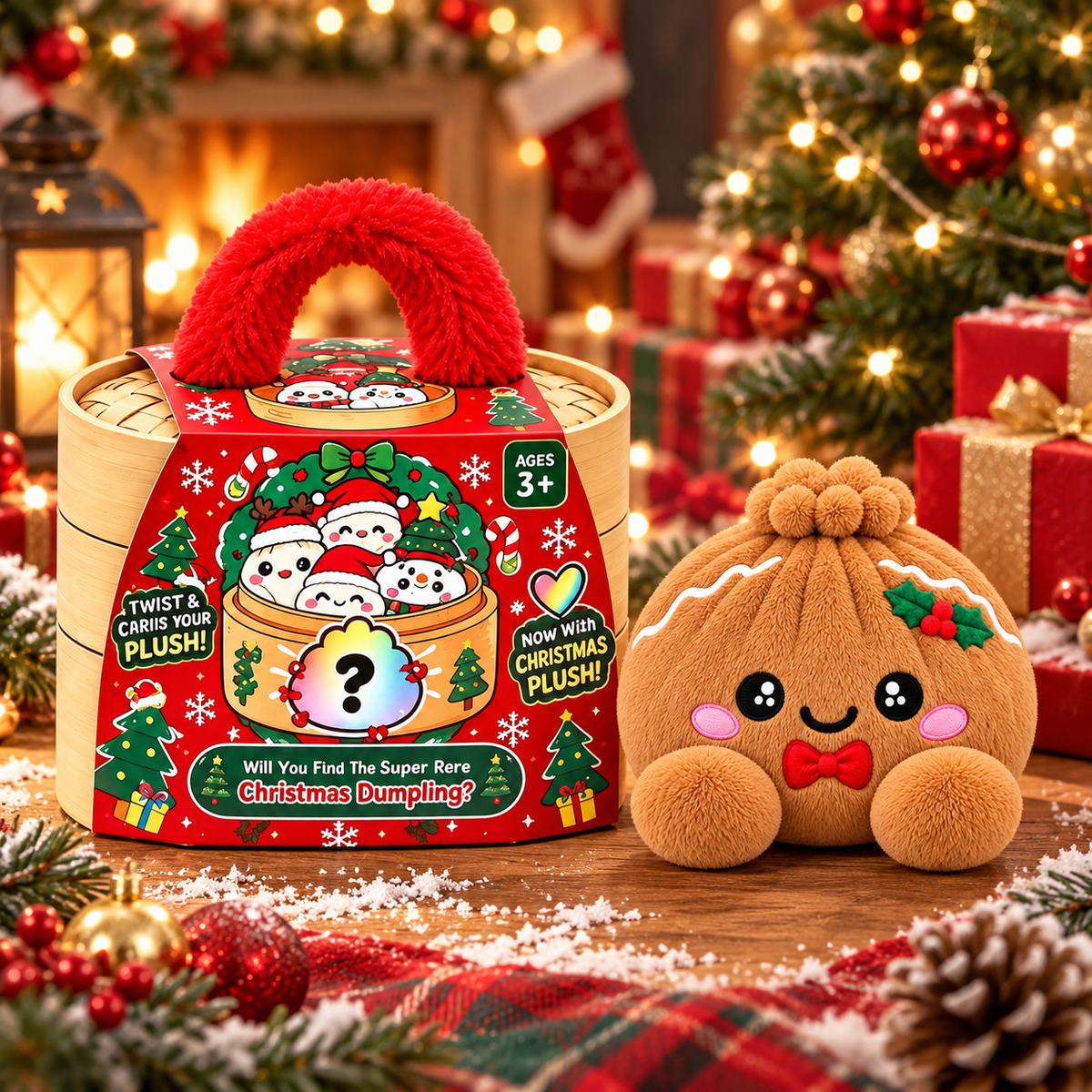 Christmas Dumpling Plush Mystery Box – Cute Cotton Stuffed Dumpling Toys with Steamer Basket Gift Set