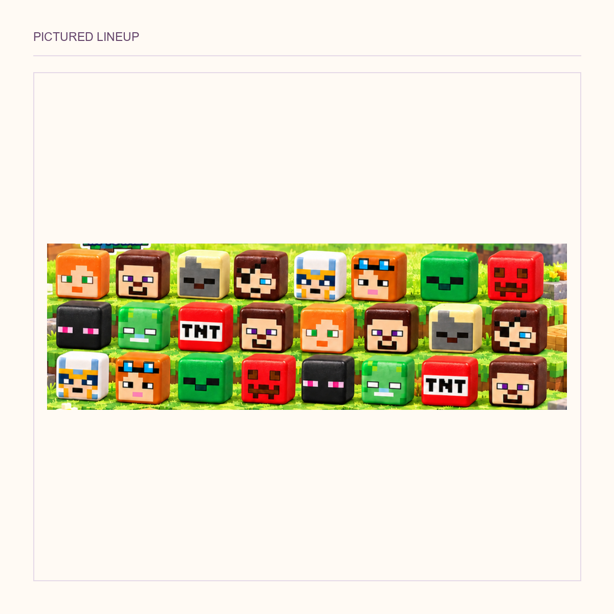 Full-width original pictured lineup of colorful cube-shaped characters in three rows, including repeated designs