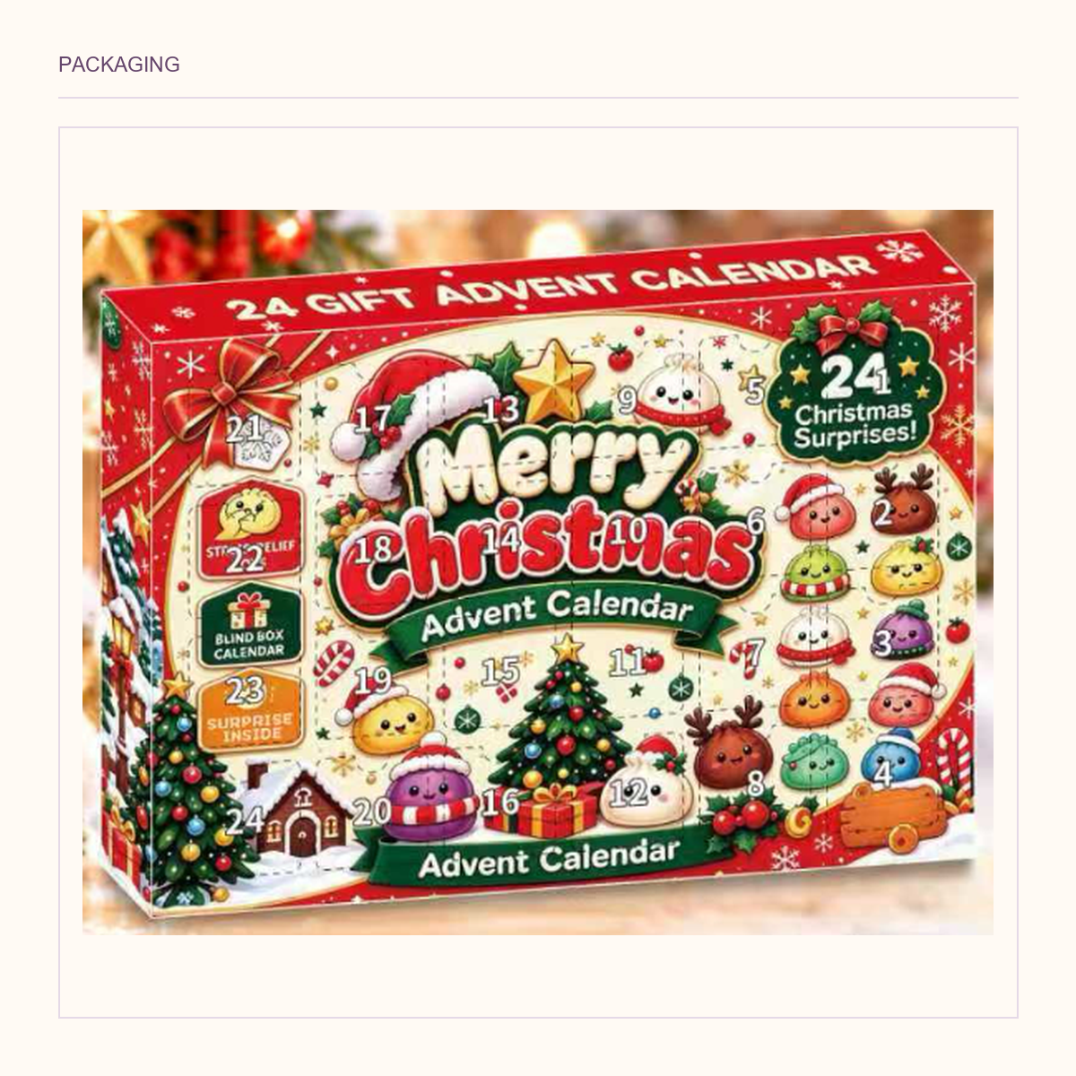 Original red-and-cream Christmas dumpling advent-calendar box in its existing packaging