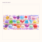 Full-width original pictured lineup of colorful squishy characters beneath the cloud-themed package