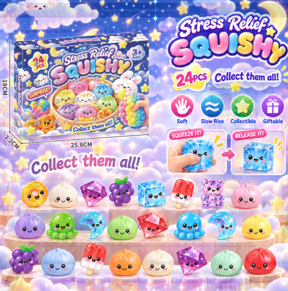 Original blue cloud-and-star countdown box with an illustrated assortment of colorful mixed squishy characters
