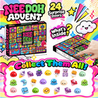 Original black countdown box with colorful graphic panels and a pictured assortment of 24 small squishy characters