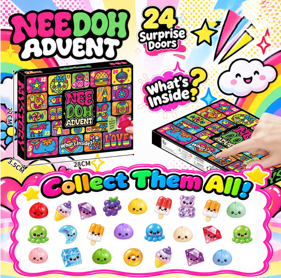 Original black countdown box with colorful graphic panels and a pictured assortment of 24 small squishy characters