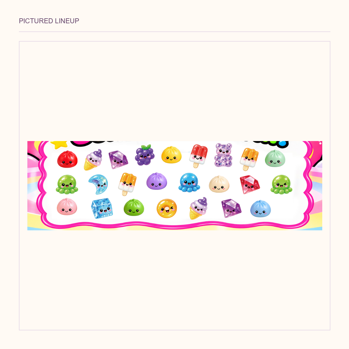 Full-width original three-row pictured assortment of colorful squishy characters