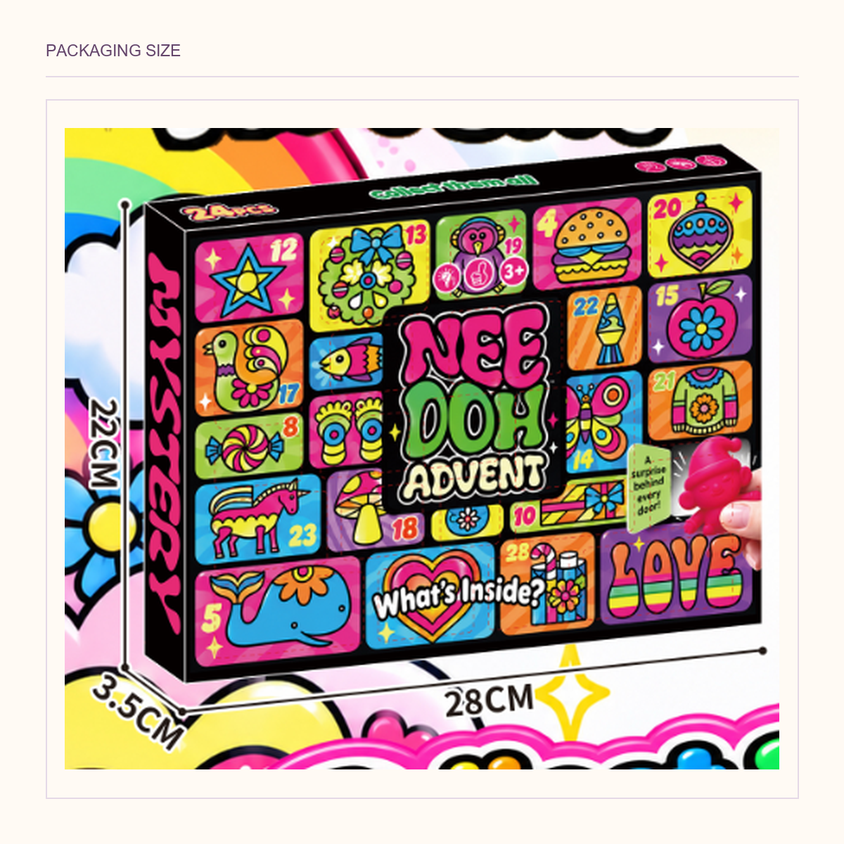 Original graphic countdown-box view with printed 22 cm, 28 cm and 3.5 cm package-dimension annotations
