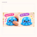 Original two-panel blue octopus close-up, including a hand pressing the character