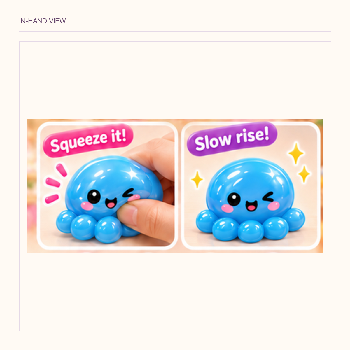 Original two-panel blue octopus close-up, including a hand pressing the character