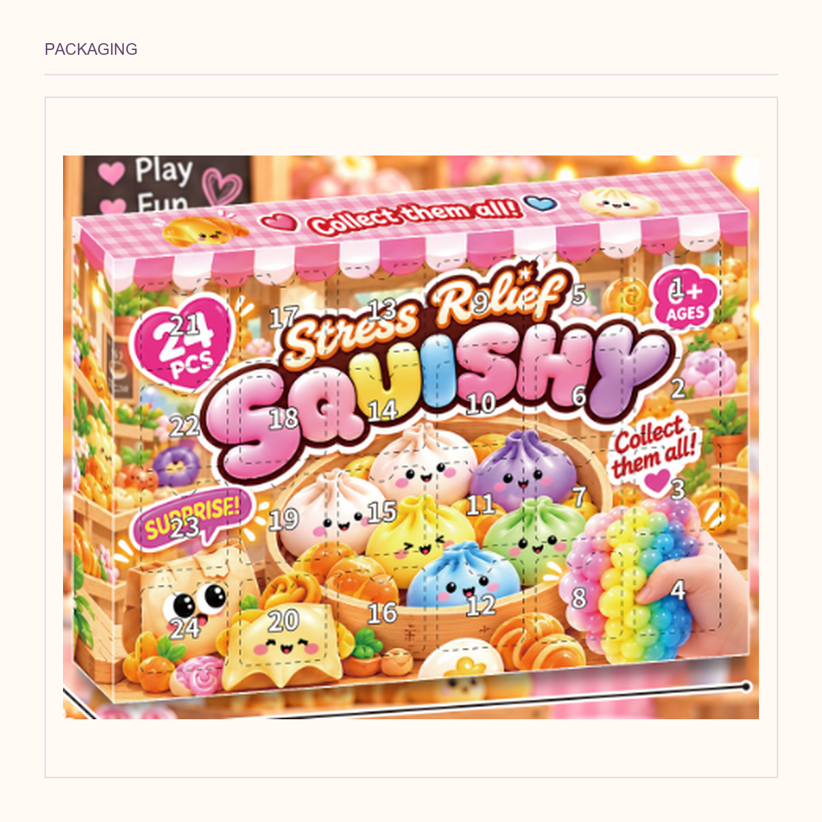 Original pink illustrated squishy countdown box, shown in its existing packaging