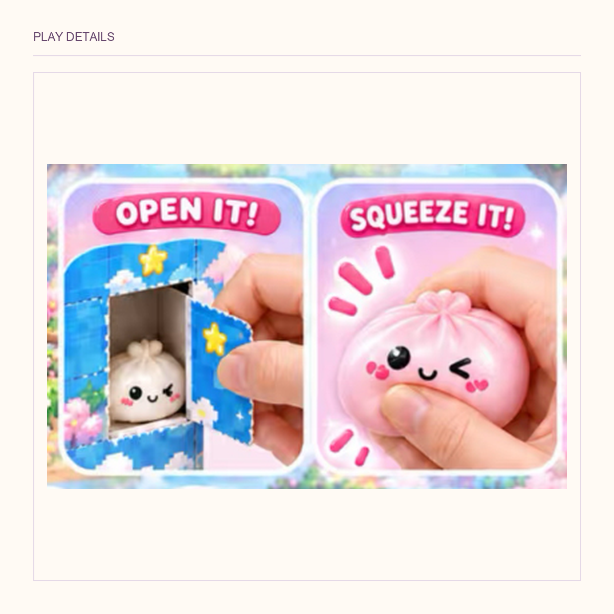 Original side-by-side package-opening and hand-squeeze views of the dumpling toy