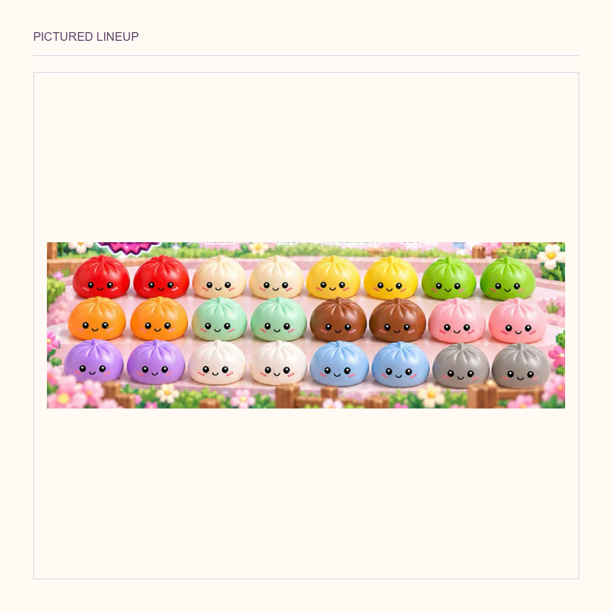 Full-width original pictured lineup of colorful smiling dumplings in three rows, including repeated colors