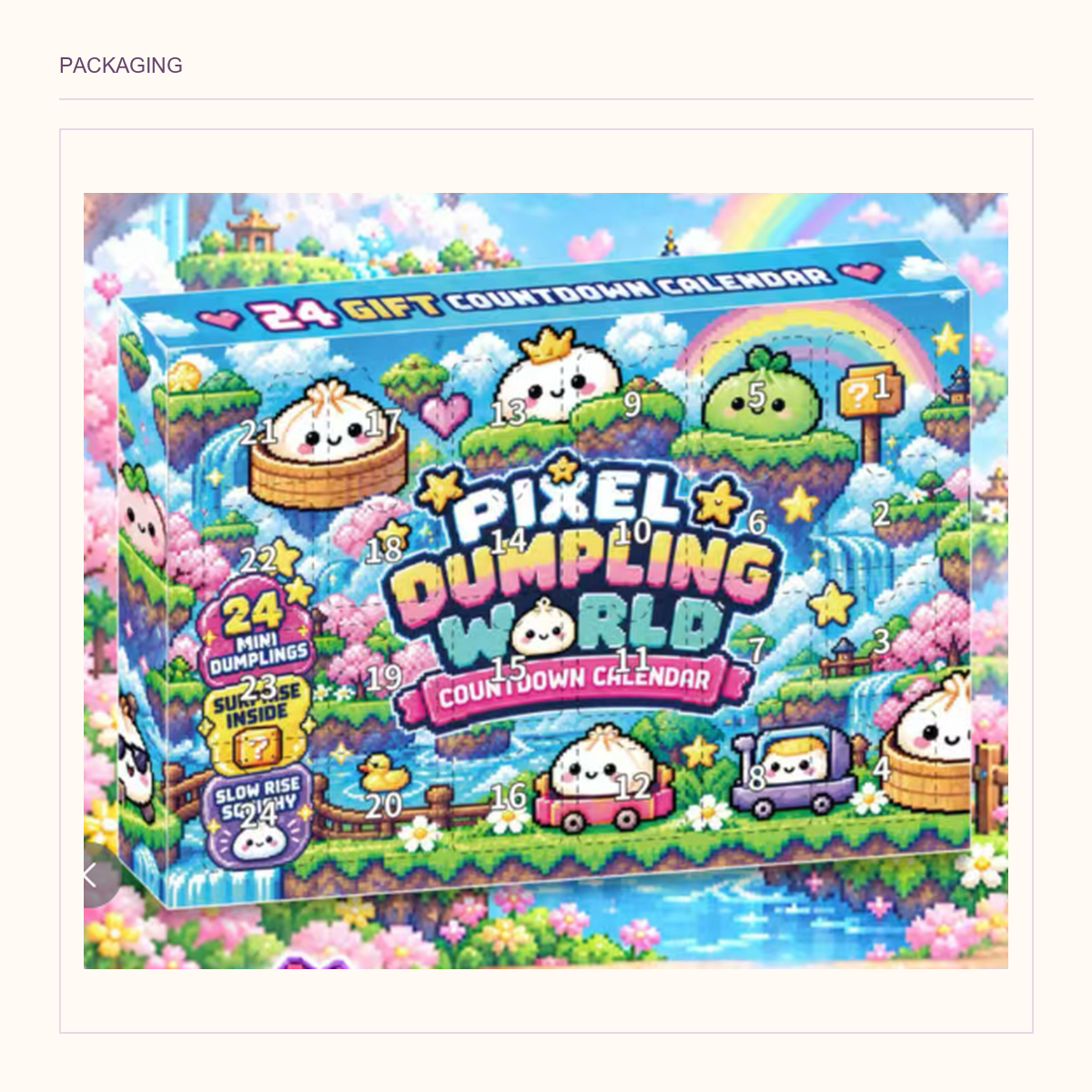 Original pixel-landscape dumpling countdown box in its existing packaging